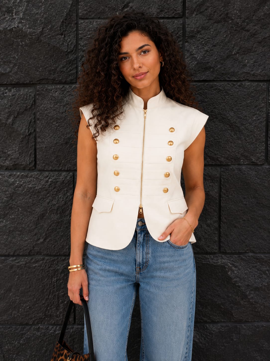 Velora off white Gold Button Zip Vest
