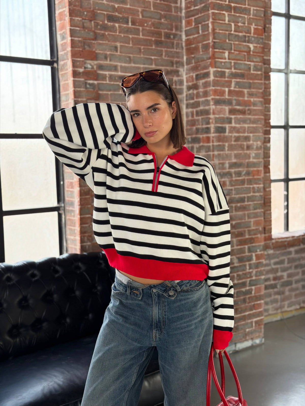 Red Collar Striped Knit Sweater