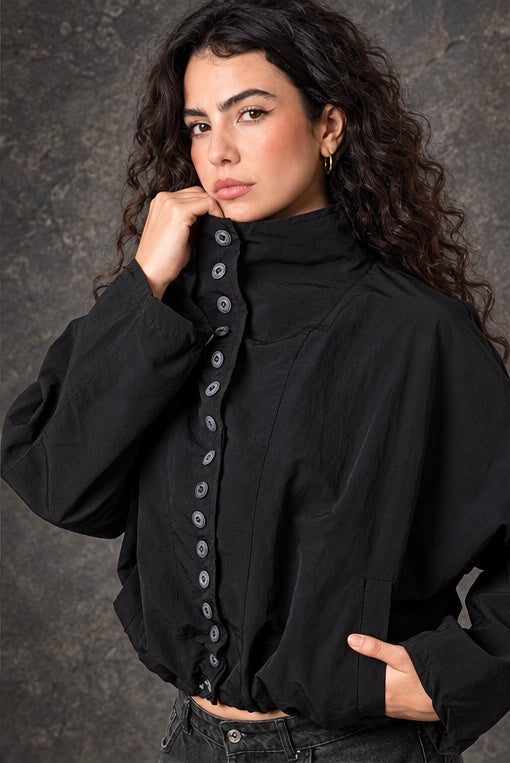 Black High-Neck Button-Up Bomber Jacket