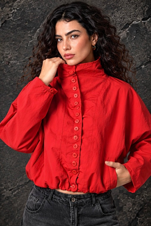 Red High-Neck Button-Up Bomber Jacket