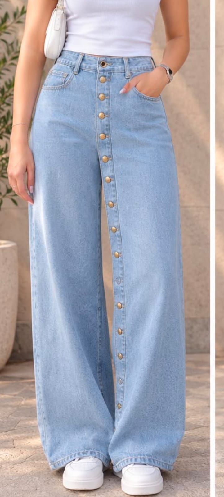 Light Blue Button-Front Wide Leg Jeans