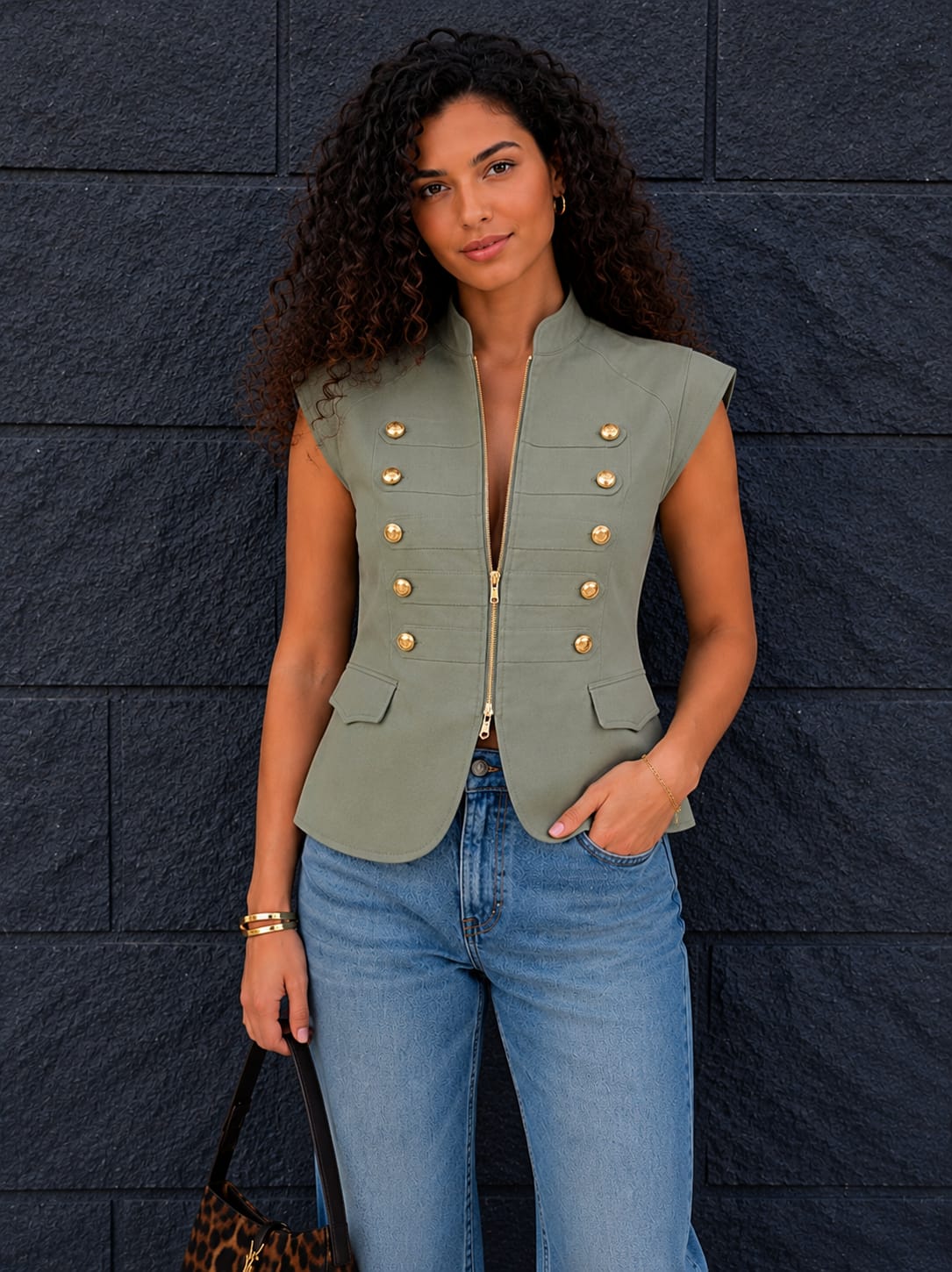 Olive Gold Button Zip Vest