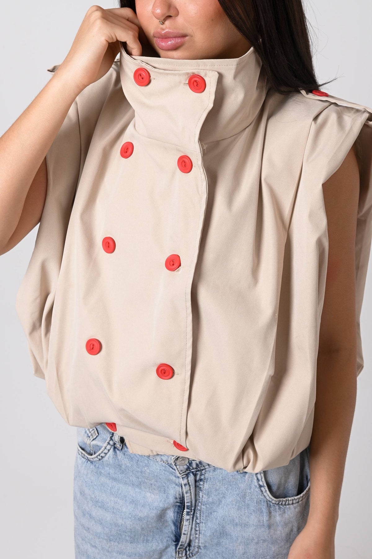 Beige Statement Vest with Red Buttons