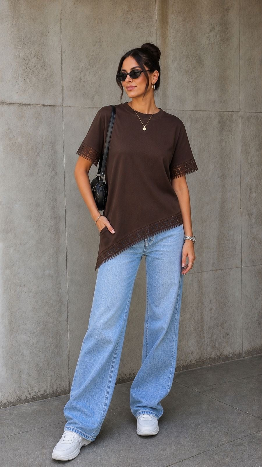 Brown Asymmetric Lace Hem Tee