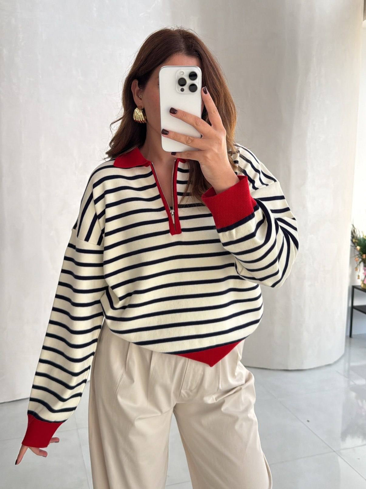 Red Collar Striped Knit Sweater