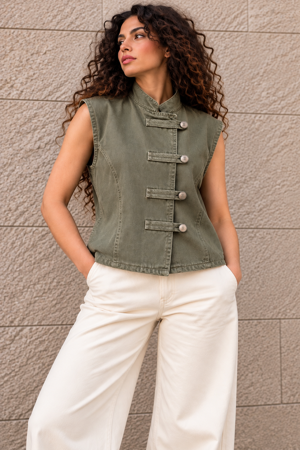 Olive Denim Vest – Button Detail