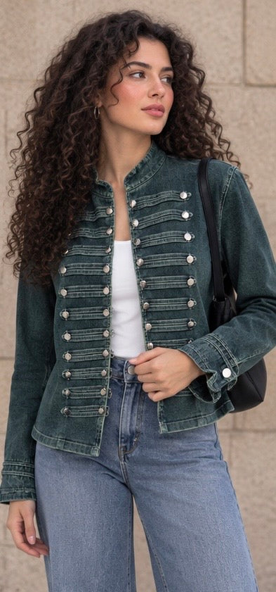 Velora Military Denim Jacket – Dark Green