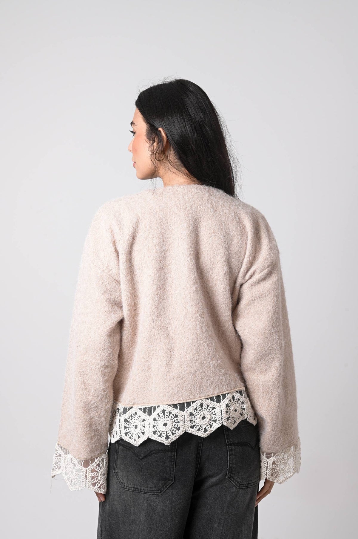 Beige Lace Trim Knit Cardigan