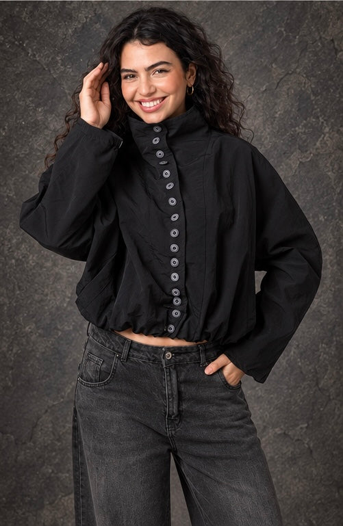 Black High-Neck Button-Up Bomber Jacket