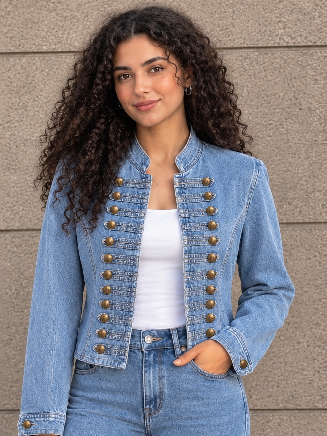 Light Blue Military Button Denim Jacket