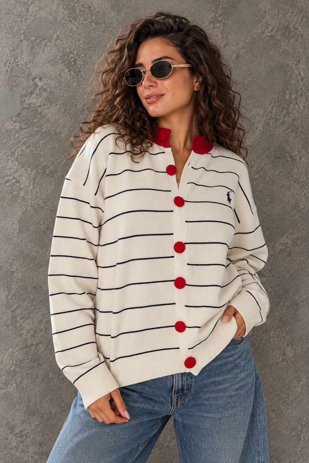 White Striped Cardigan with Red Buttons