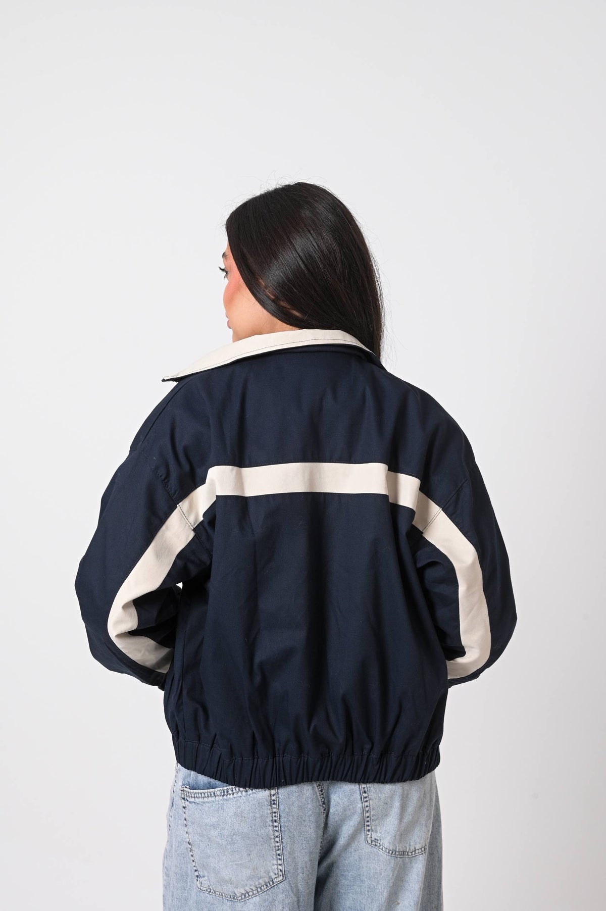 Navy Blue Contrast Stripe Zip-Up Jacket