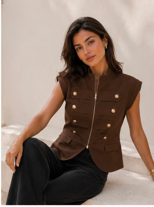 Brown Gold Button Zip Vest