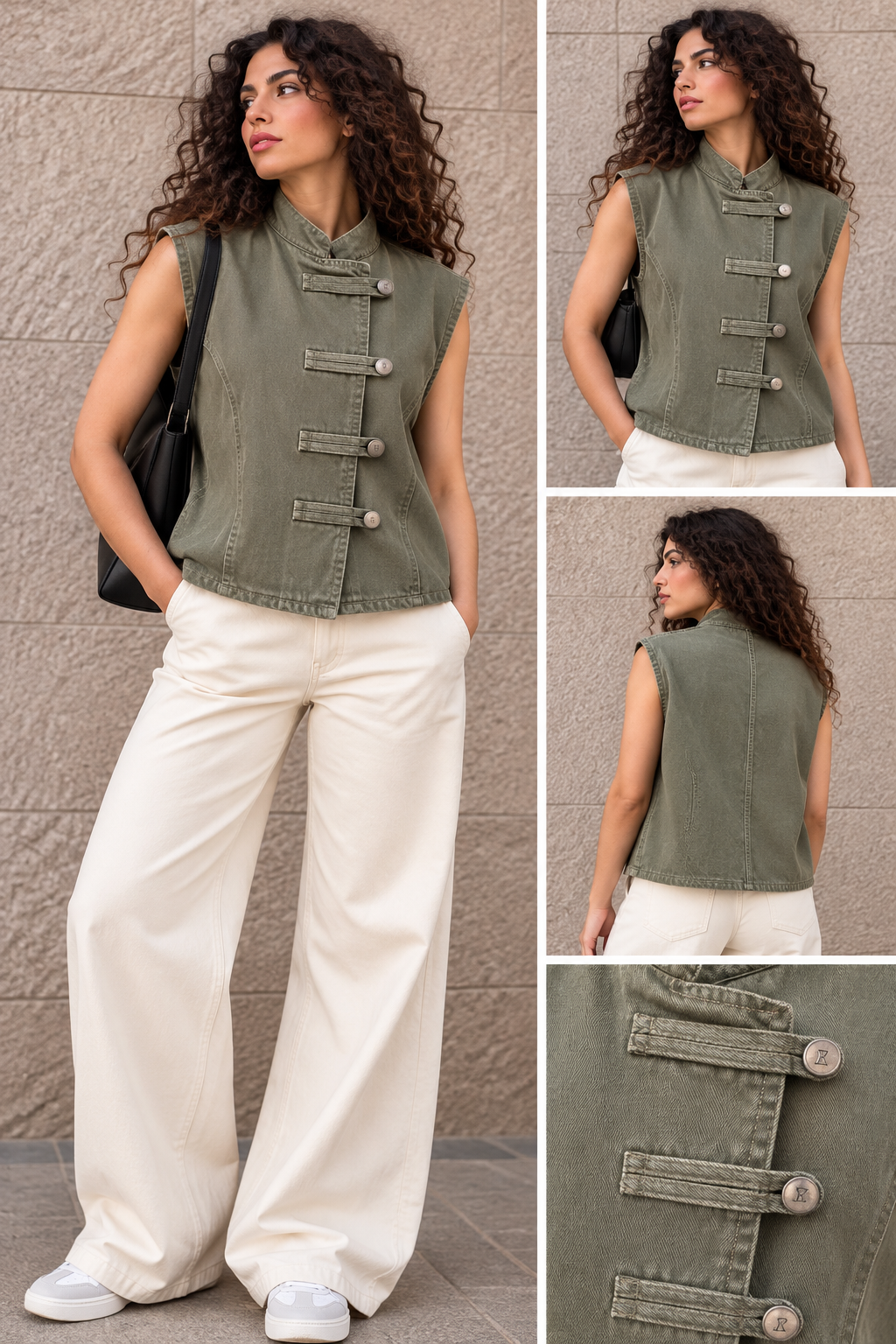 Olive Denim Vest – Button Detail