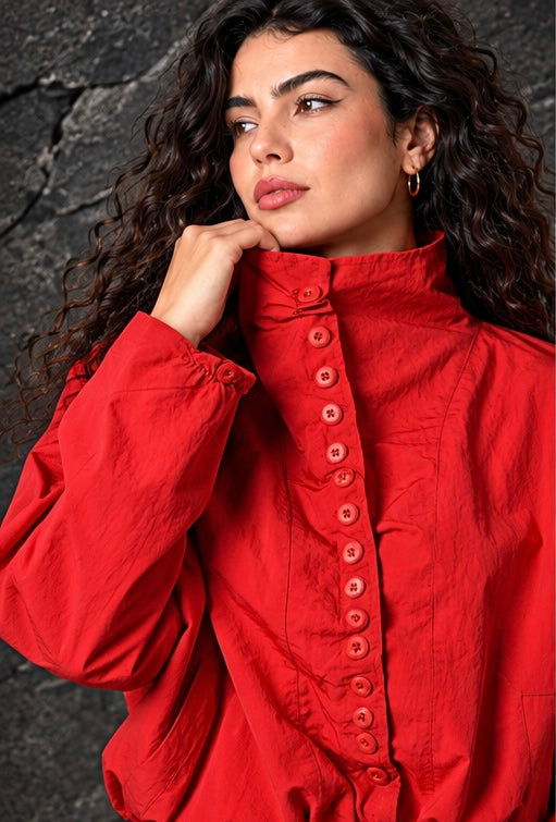 Red High-Neck Button-Up Bomber Jacket