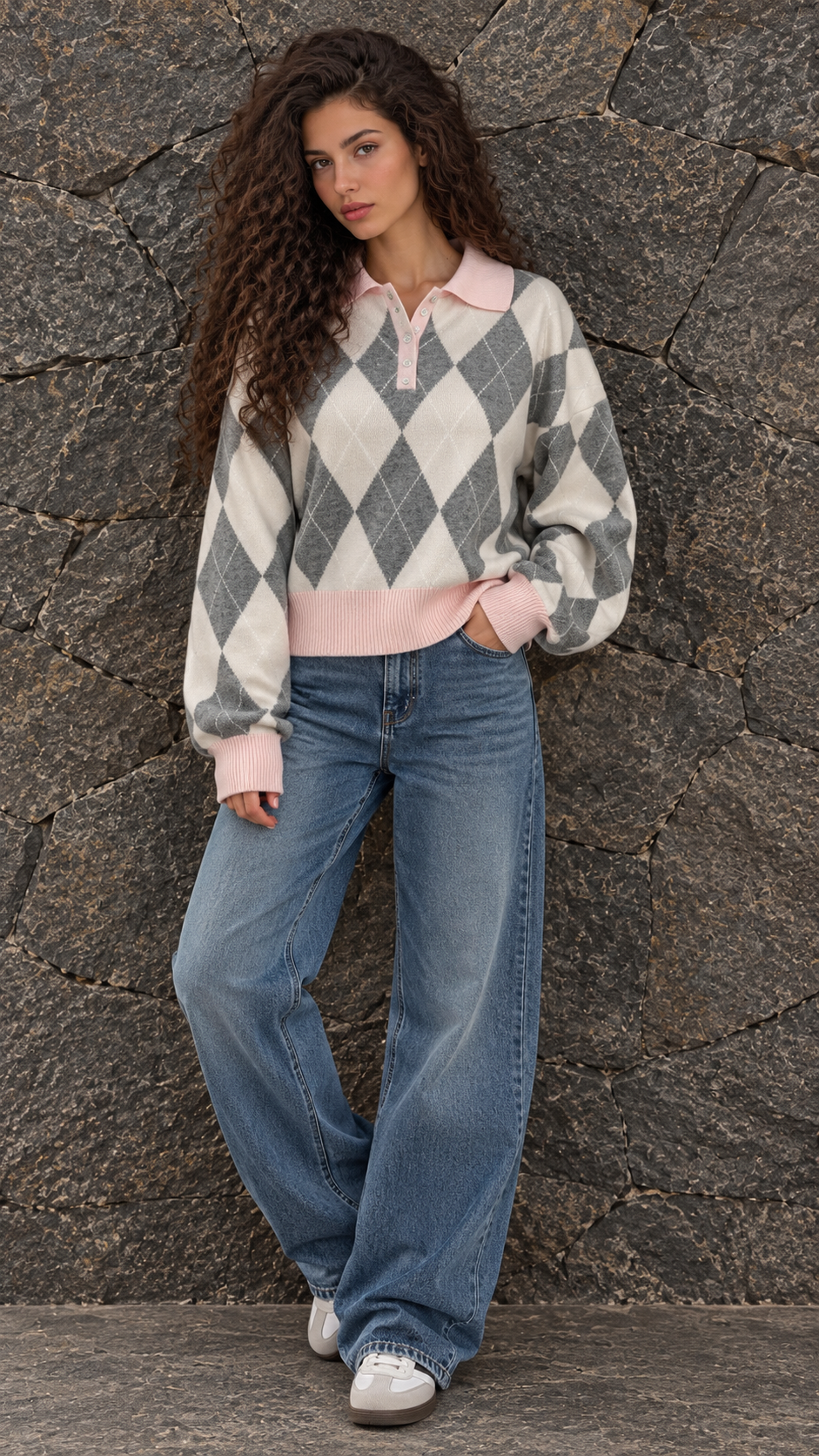Pink Collar Argyle Knit Sweater