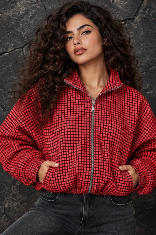 Red Checkered Bomber Jacket