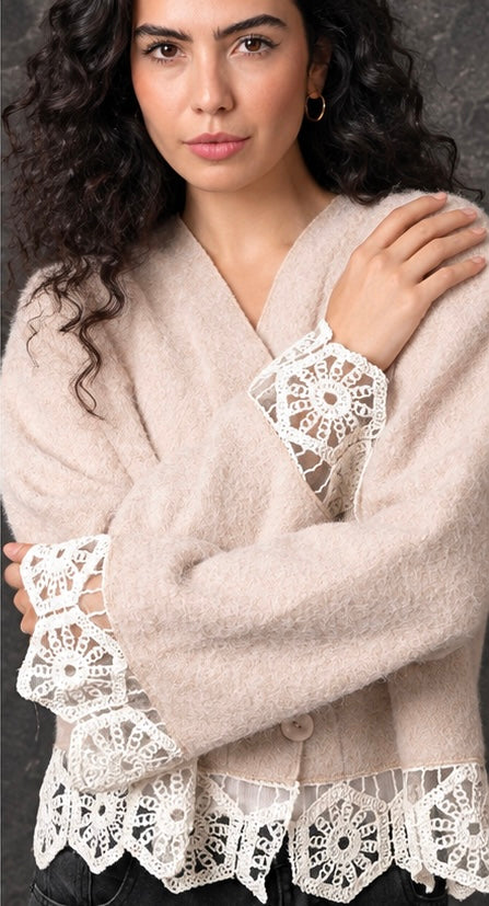 Beige Lace Trim Knit Cardigan
