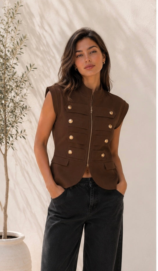Brown Gold Button Zip Vest