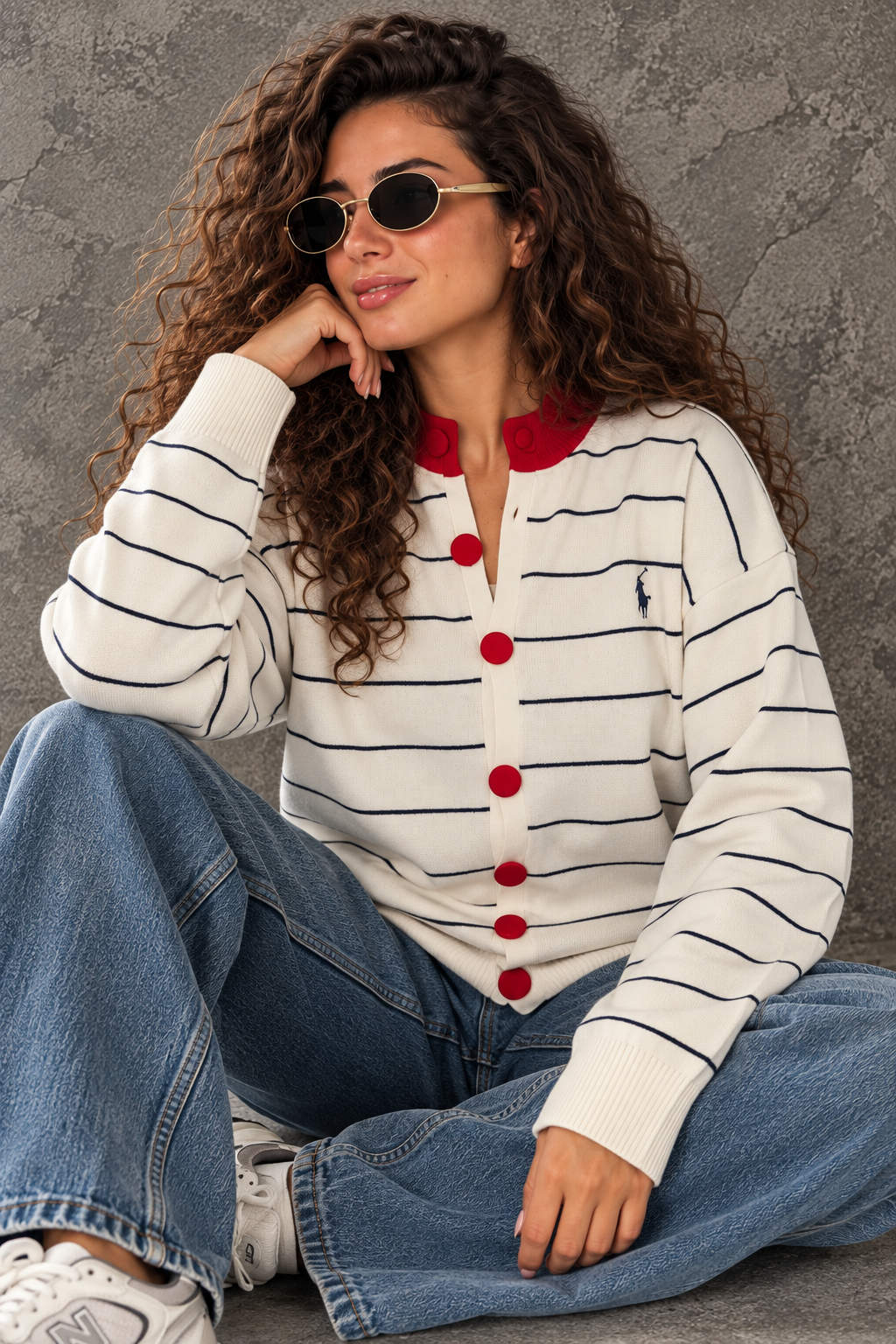 White Striped Cardigan with Red Buttons