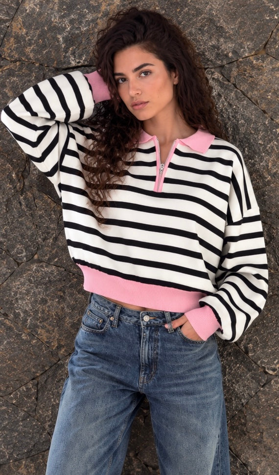 Pink Collar Striped Knit Sweater