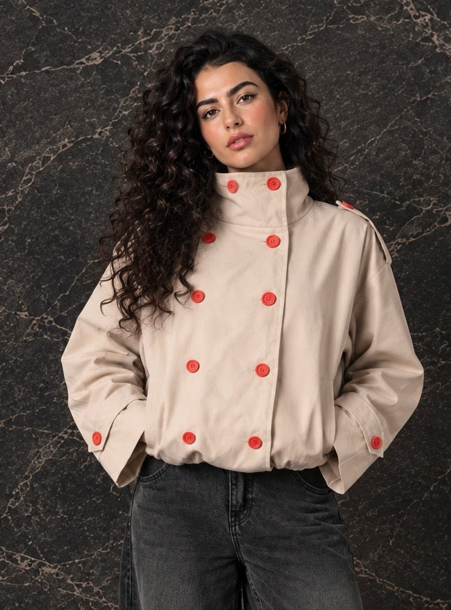 Beige Double-Breasted Bomber Jacket