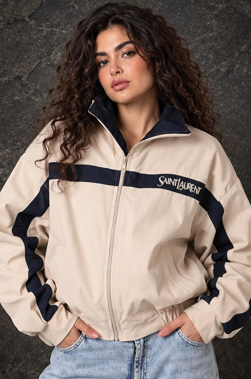 Beige & Navy Contrast Stripe Jacket
