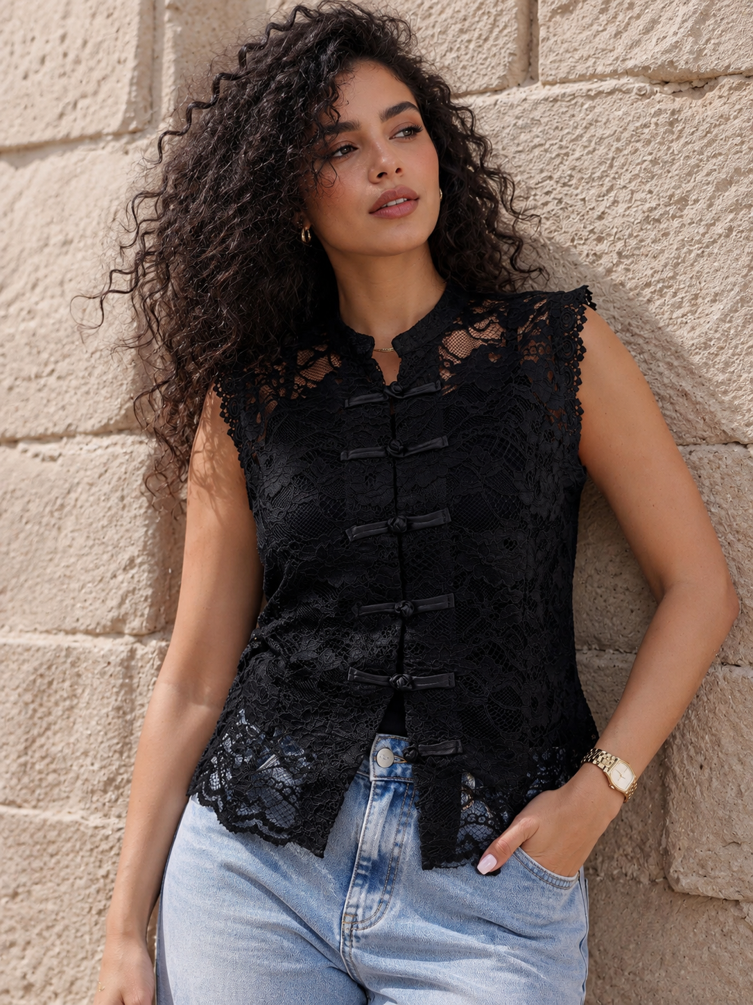 Black Guipure Chinese-Style Vest