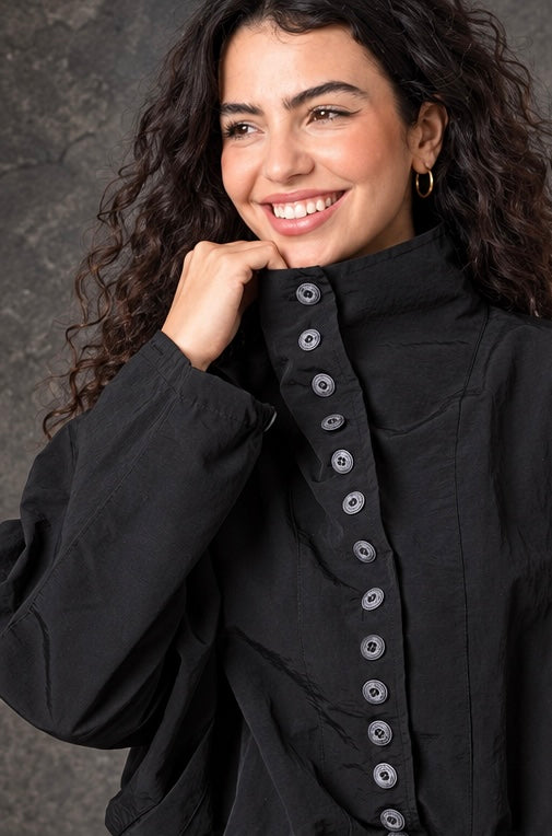 Black High-Neck Button-Up Bomber Jacket