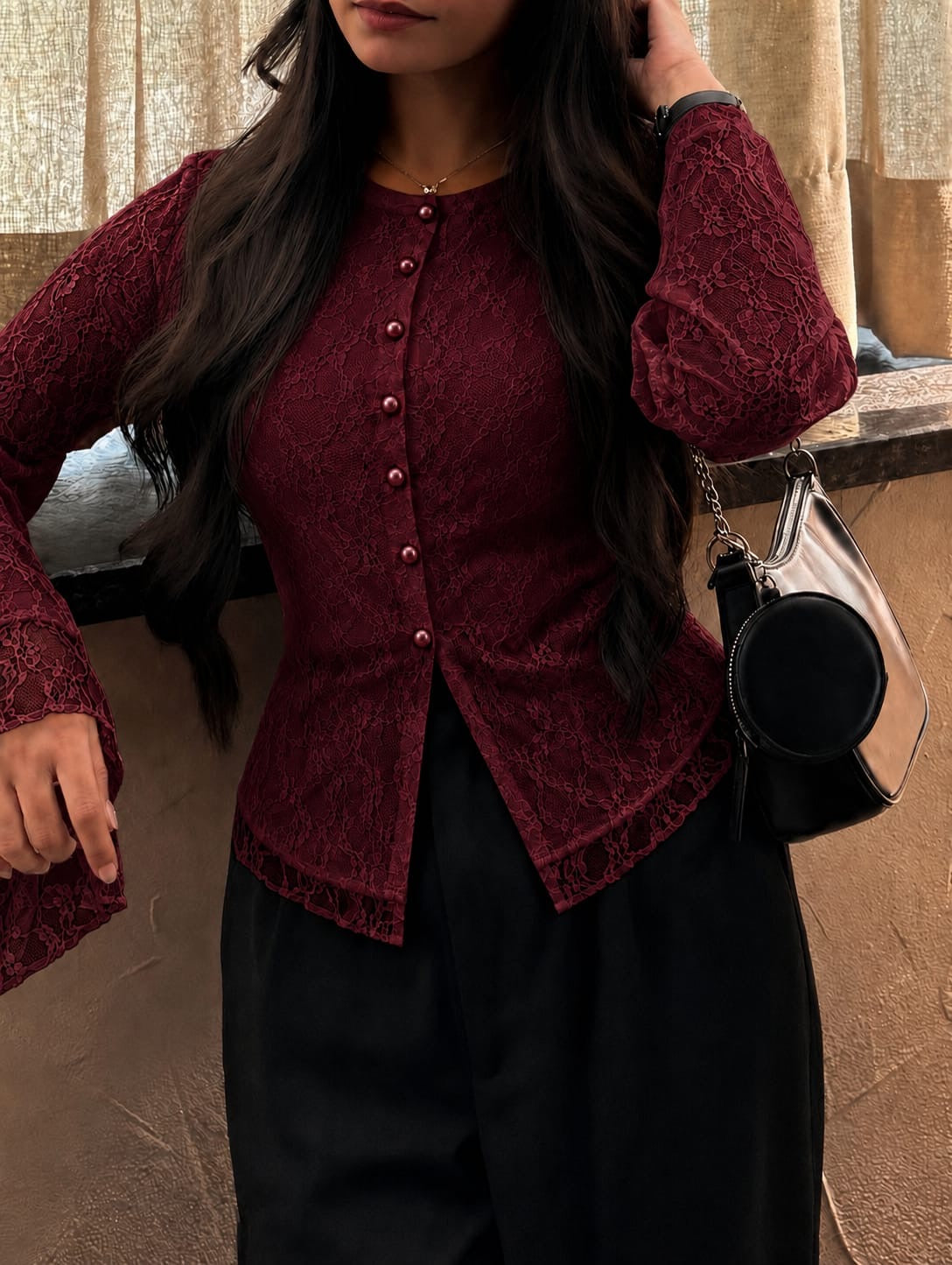Burgundy Elegant Lace Trim Button Blouse