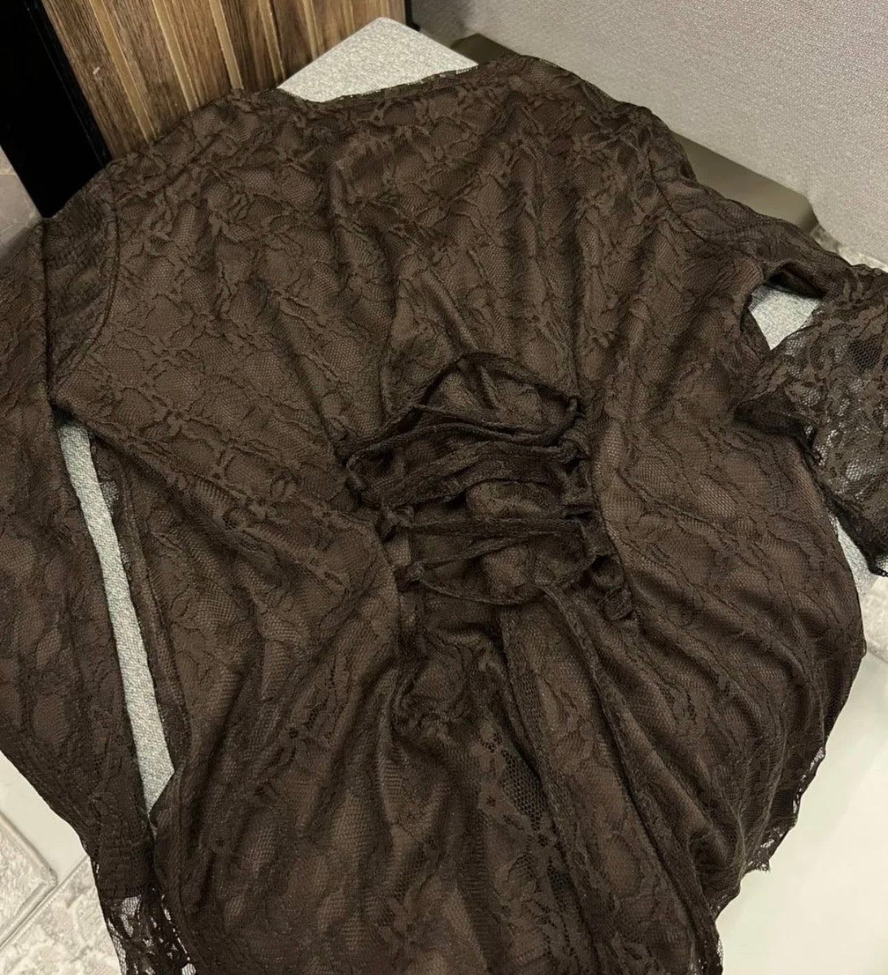 Brown Elegant Lace Trim Button Blouse