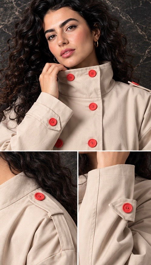 Beige Double-Breasted Bomber Jacket