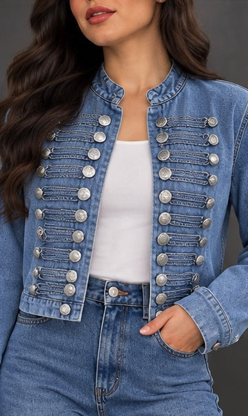 Blue Navy Denim Military Button Jacket