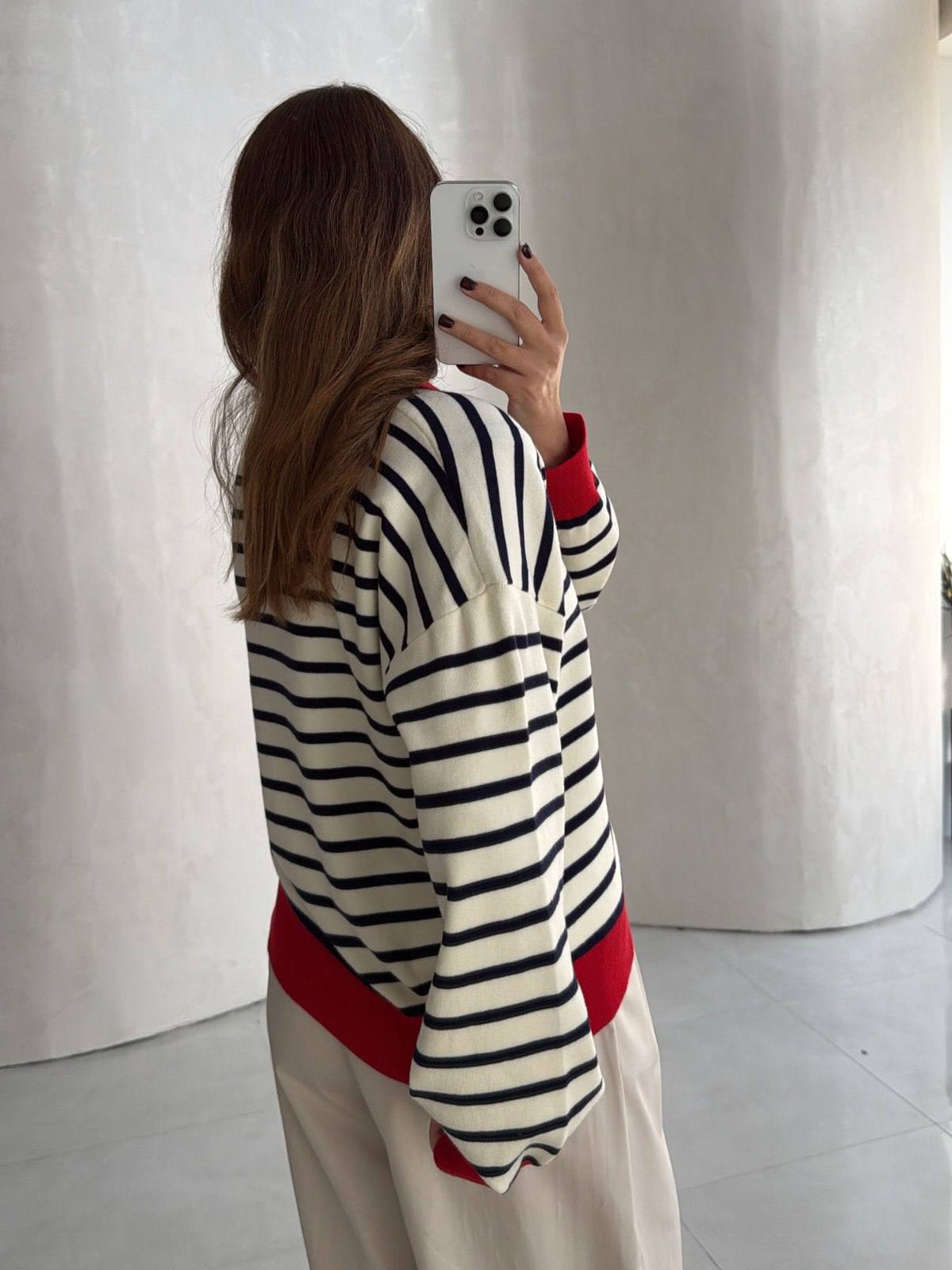 Red Collar Striped Knit Sweater