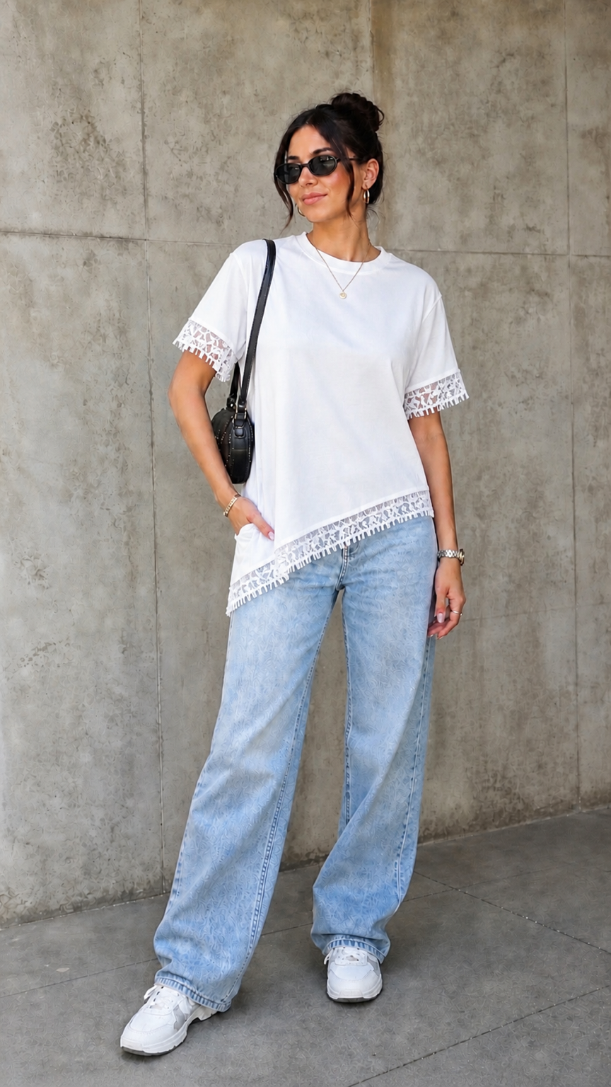 White Asymmetric Lace Hem Tee