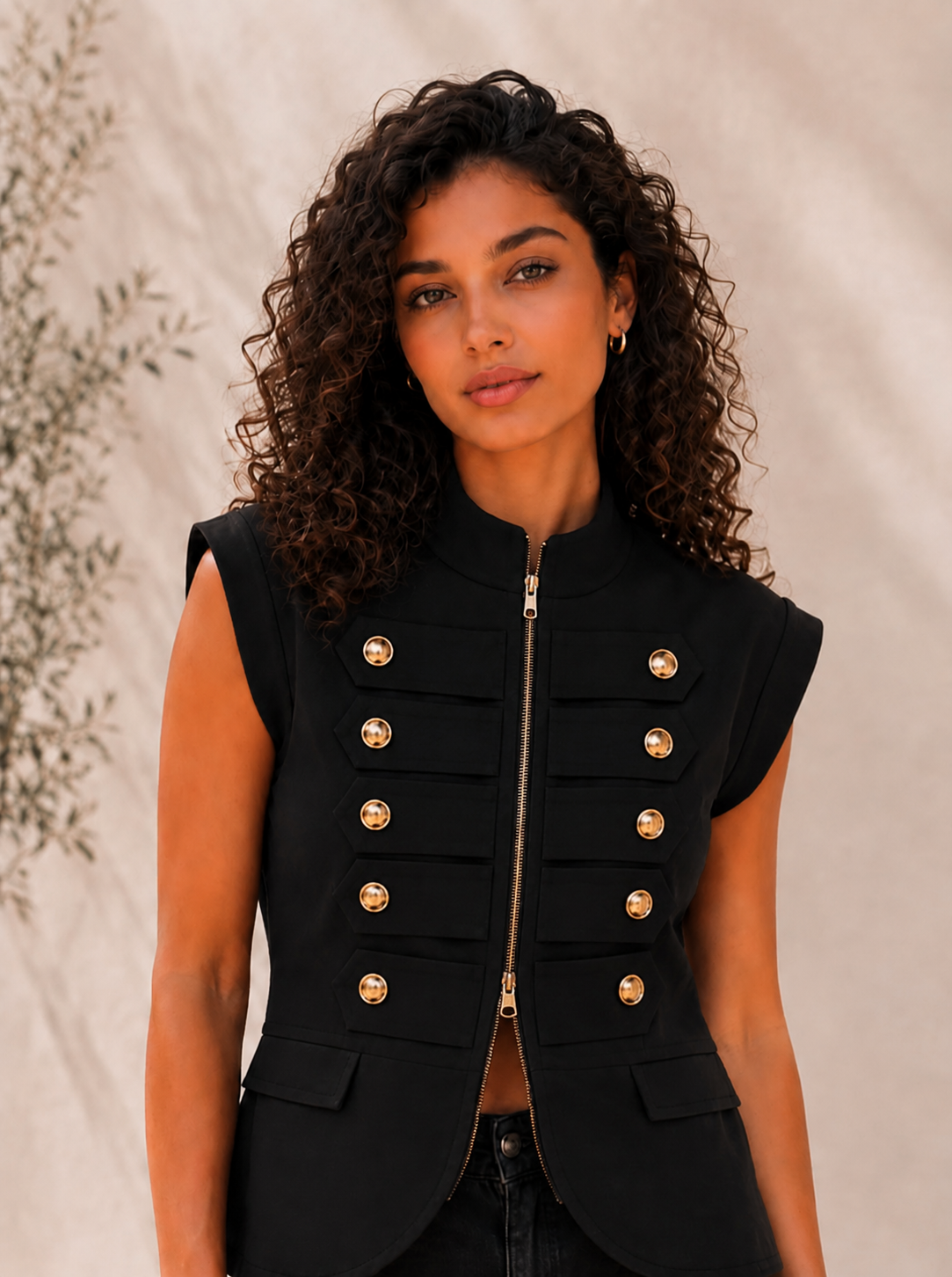 Black Gold Button Zip Vest