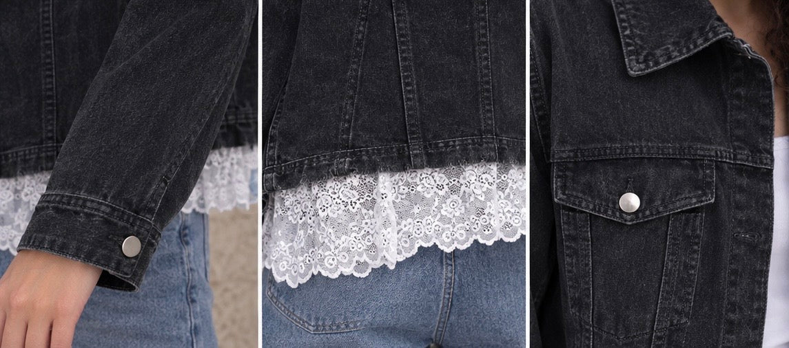 Velora Lace Trim Black Denim Jacket