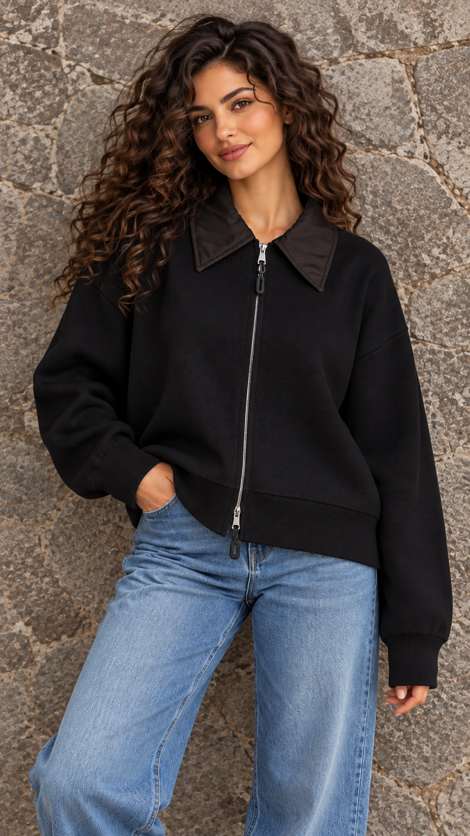 Black Knit Jacket with Chocolate Collar