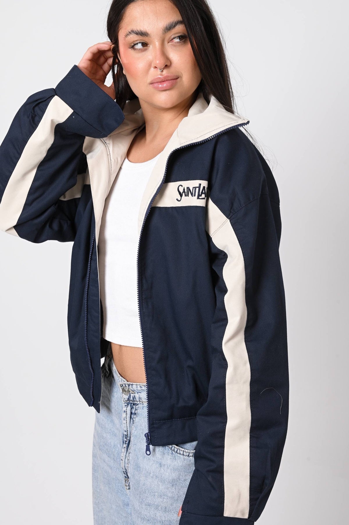 Navy Blue Contrast Stripe Zip-Up Jacket