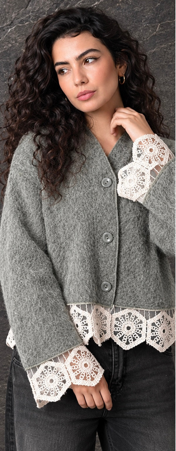 Mint Green Lace Trim Knit Cardigan