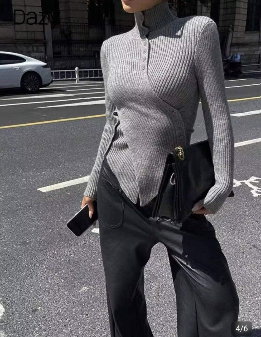 Gray Ribbed Asymmetric Buttoned Top