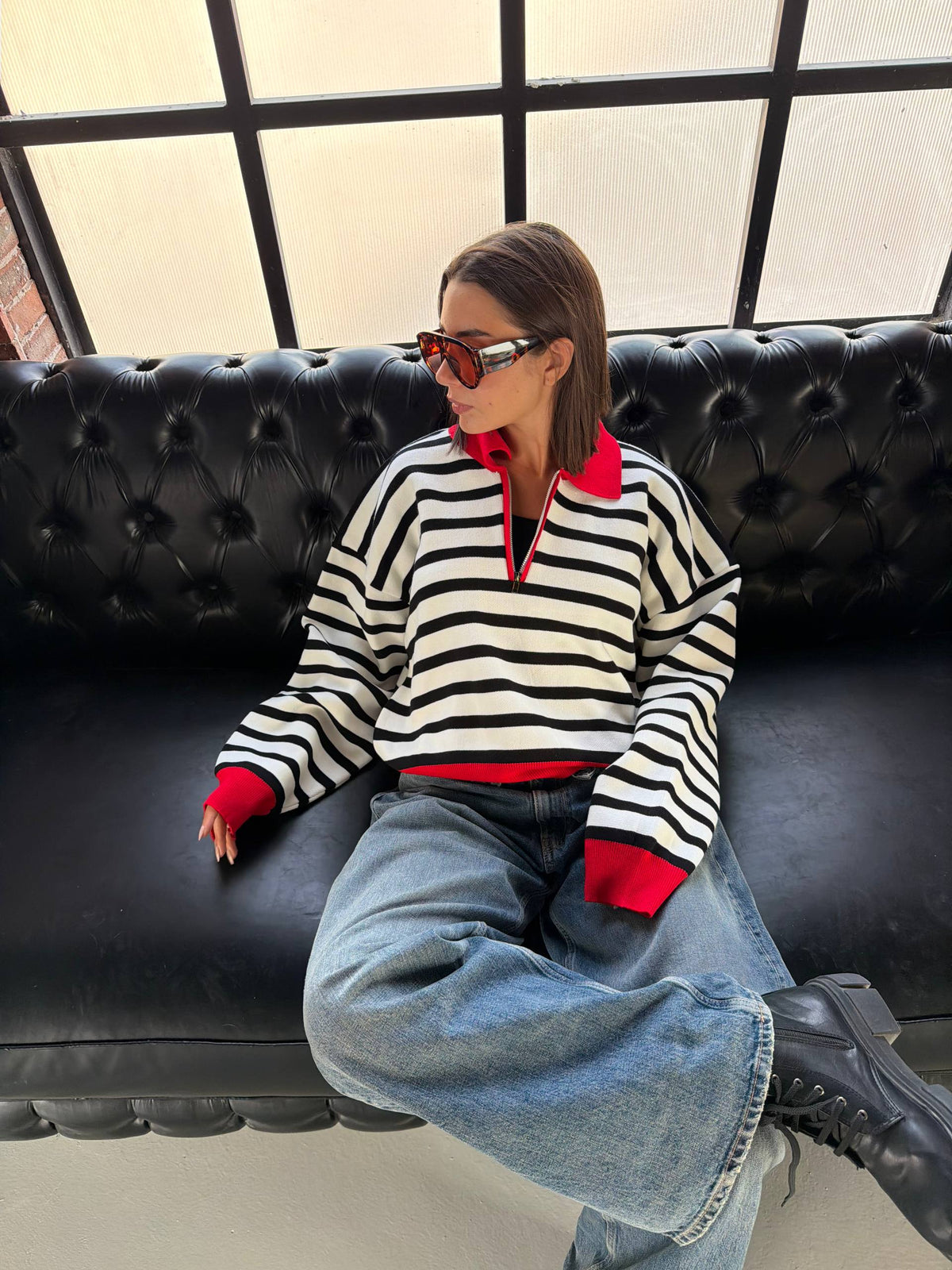 Red Collar Striped Knit Sweater