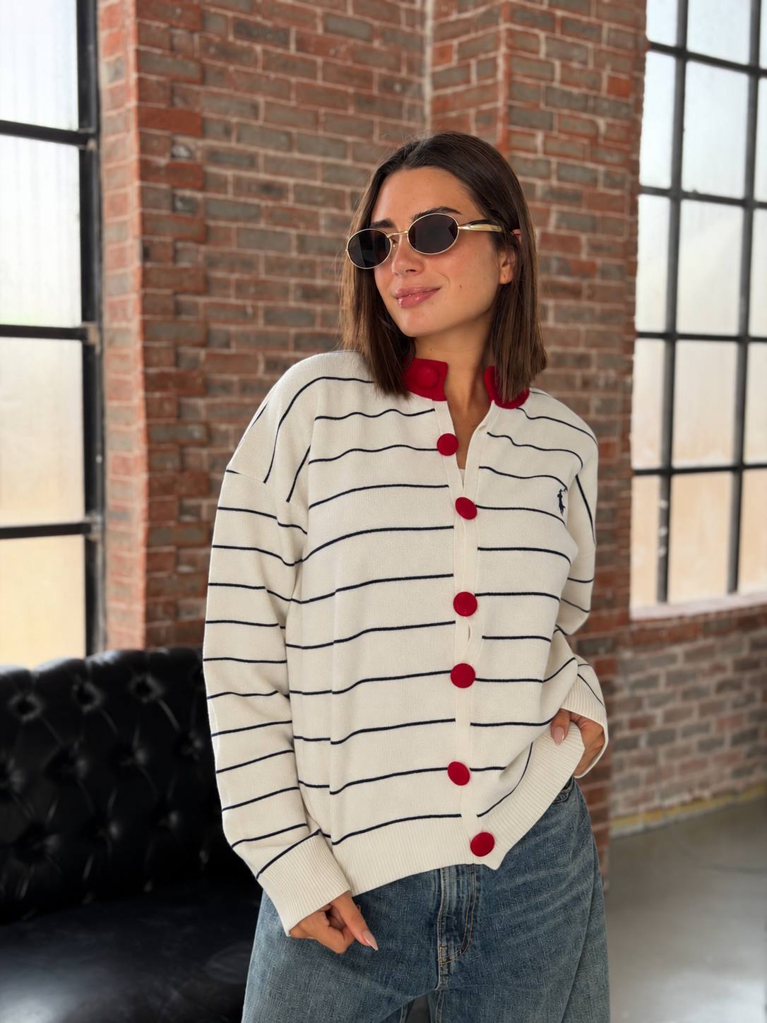 White Striped Cardigan with Red Buttons