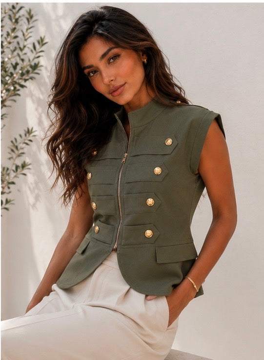 Olive Gold Button Zip Vest