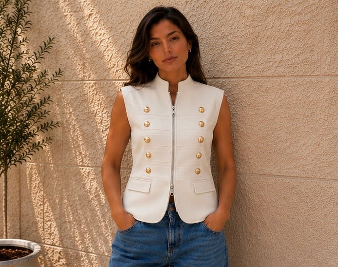 Velora off white Gold Button Zip Vest