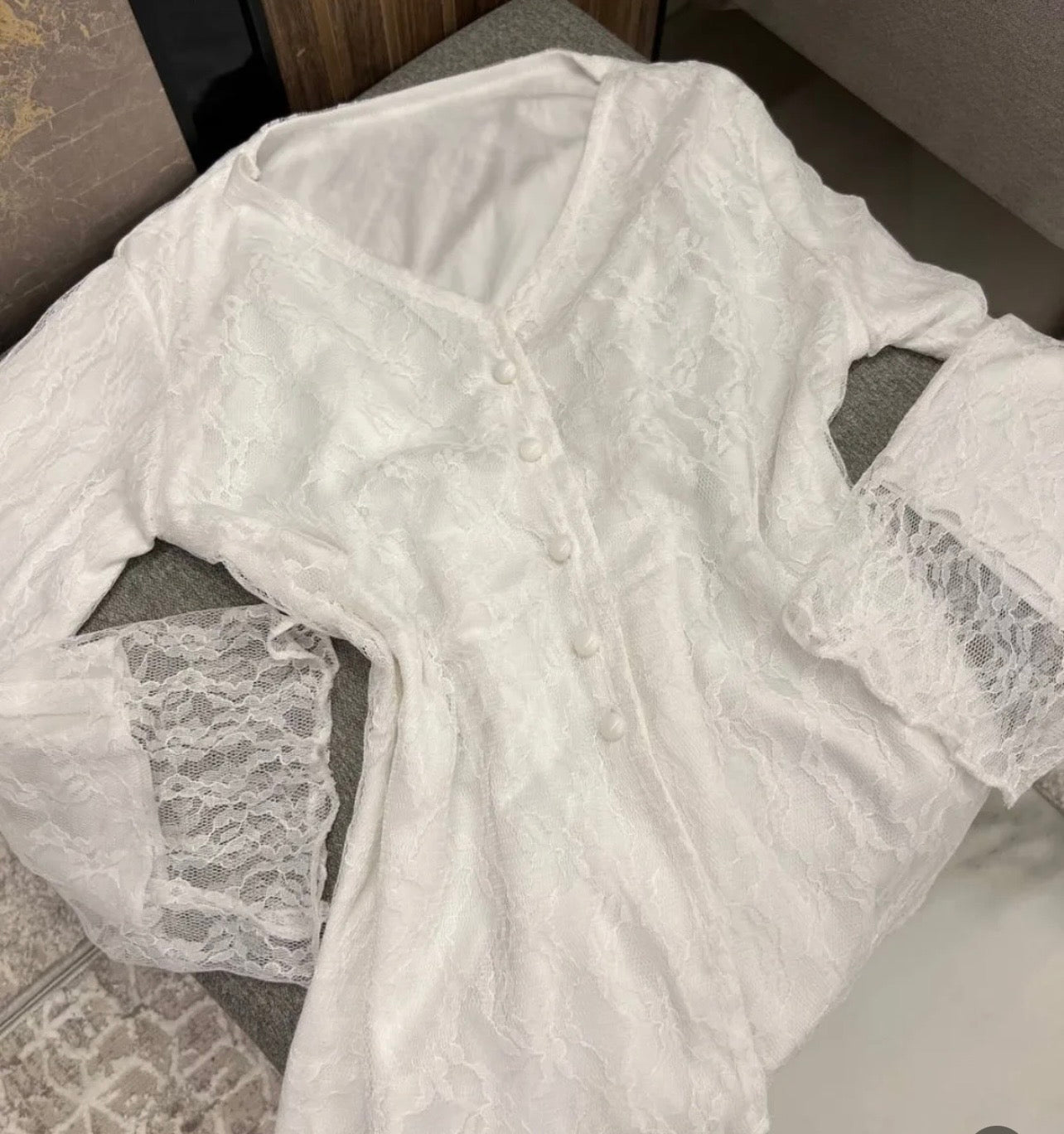 White Elegant Lace Trim Button Blouse
