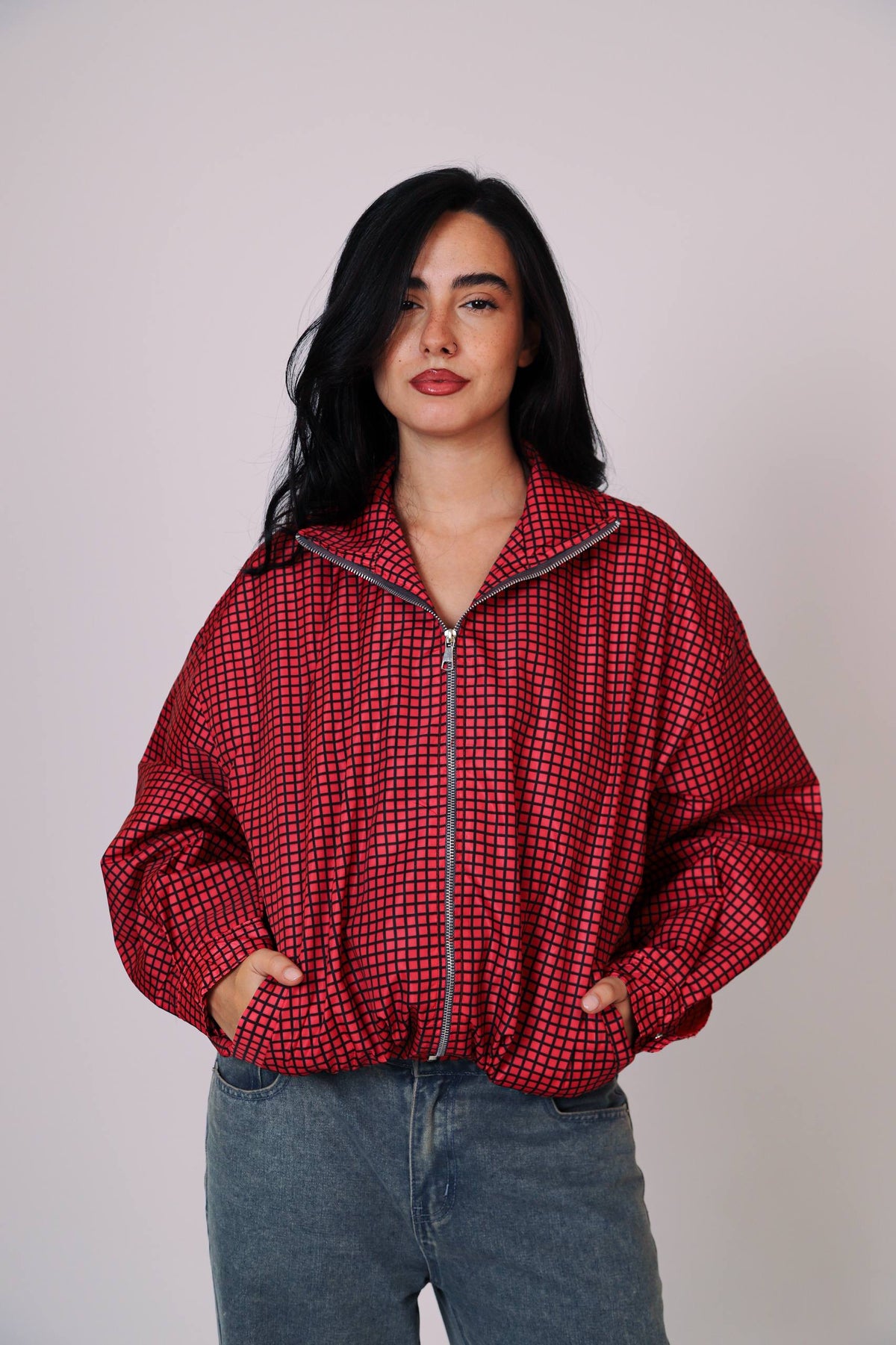 Red Checkered Bomber Jacket