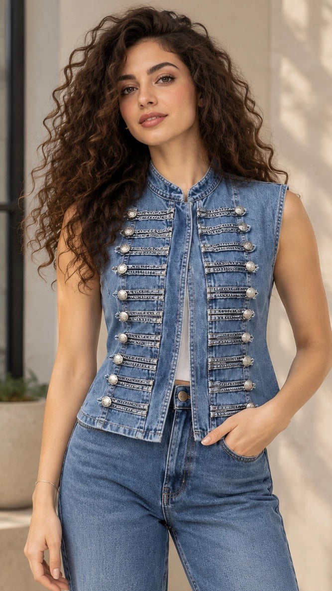 Denim Military Vest – Dark Blue