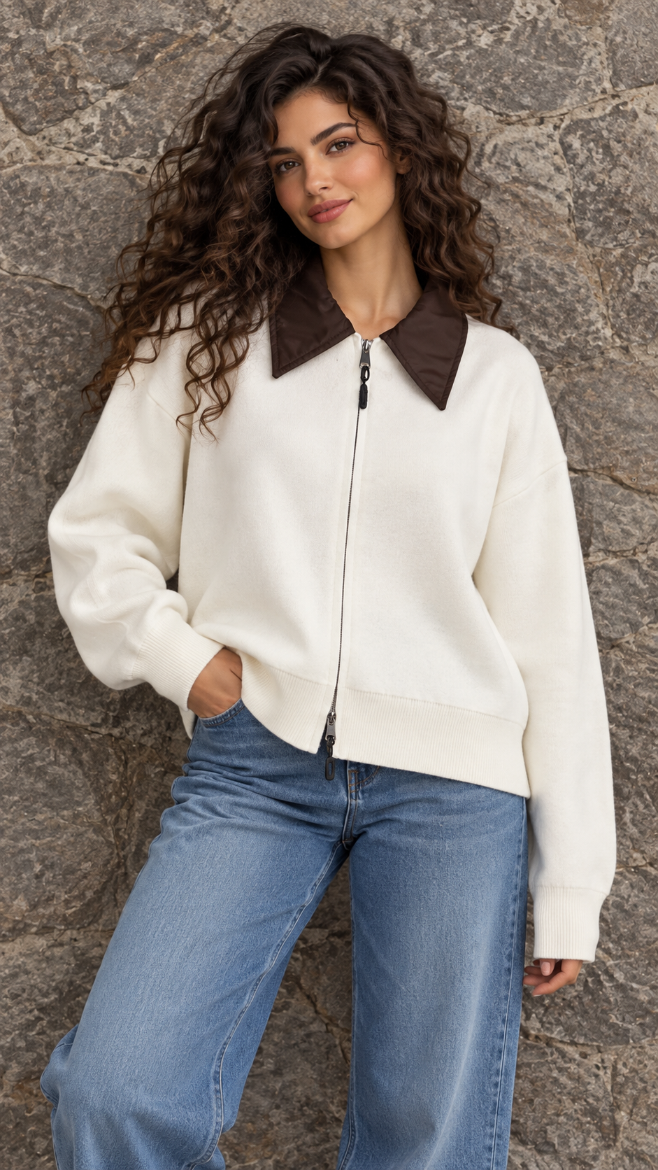 Ivory Knit Jacket with Chocolate Collar