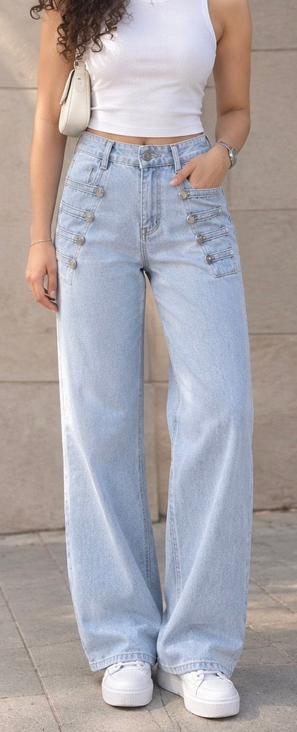 Light Blue Front Button Wide Leg Jeans